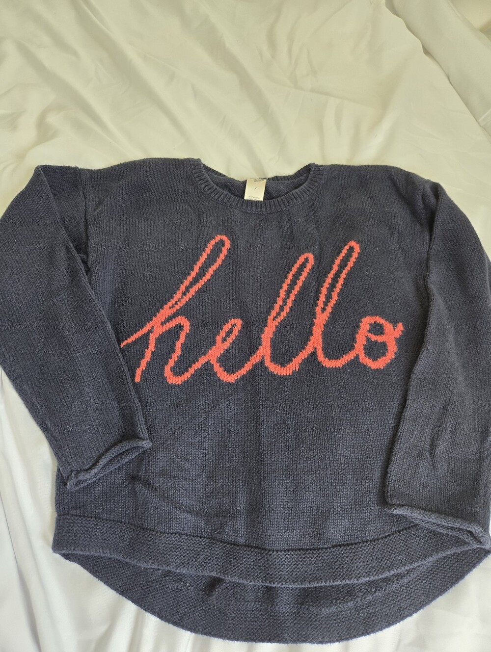OshKosh B’gosh Girls Size 7 Navy Hello Script Hi-Lo Knit Sweater
